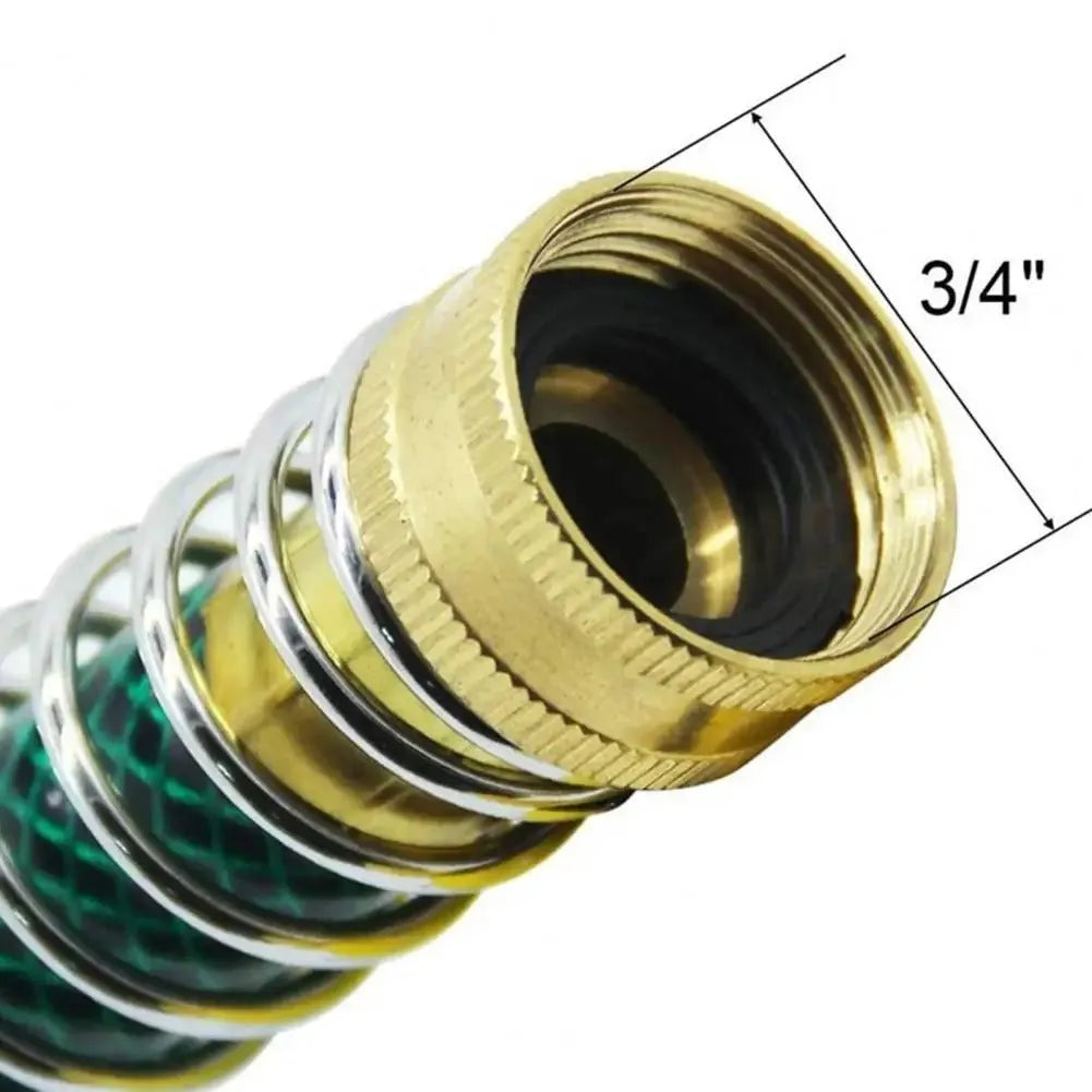 Brass garden hose connector with spiral spring to prevent kinks, showing 3/4 inch threaded ends