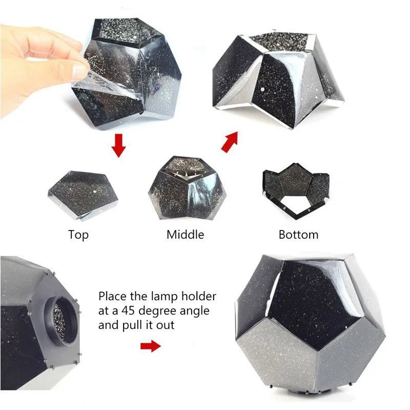 LED starry sky projection night lamp showing constellations on a bedroom ceiling, with remote control.