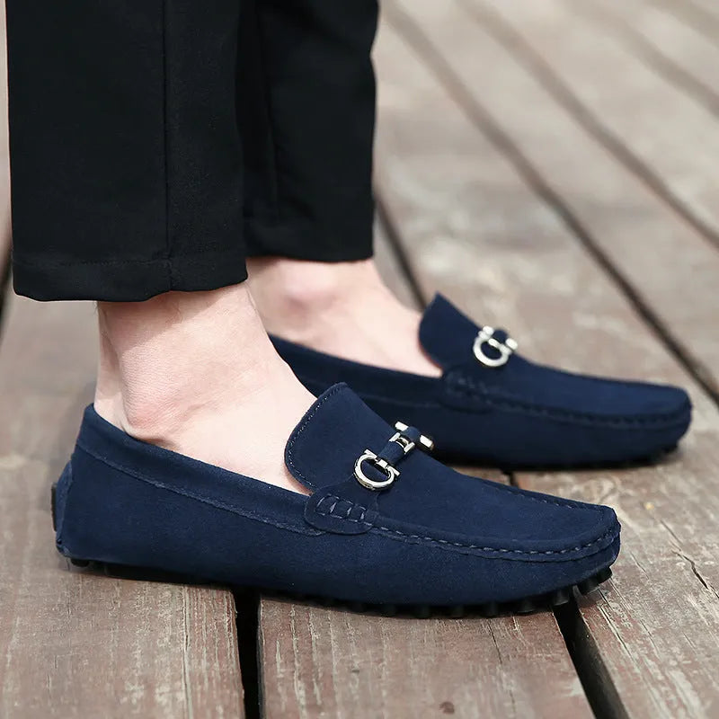 Men's matte cowhide leather slip-on shoes with square toe and rubber sole in black colour