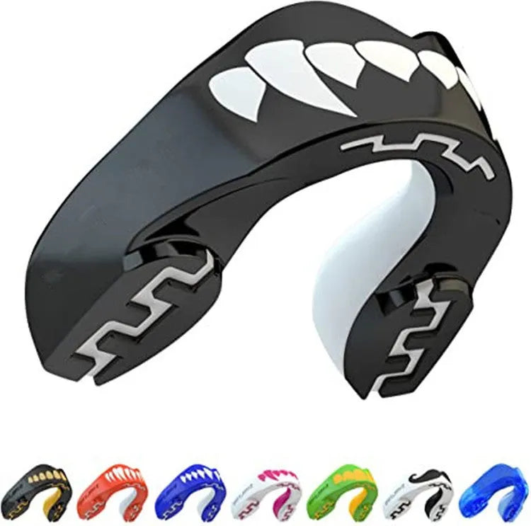 Adult boxing mouthguard with printed tooth socket design for martial arts protection in three colour options