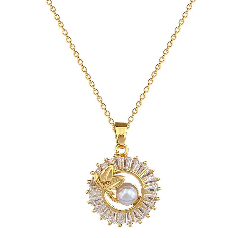 Titanium steel and gold plated geometric jewellery set showing necklace with copper pendant and matching stud earrings