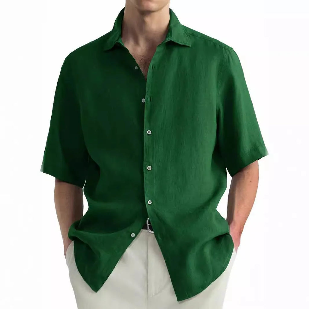 Men's washed green pure cotton cardigan-style casual shirt on a hanger.