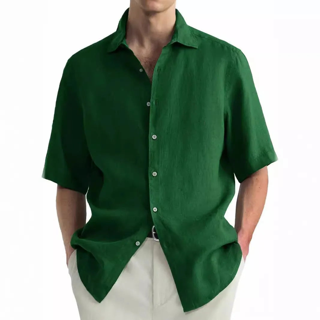Men's washed green pure cotton cardigan-style casual shirt on a hanger.