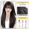 Forehead lace long straight synthetic wig in dark brown and cold brown shades with side bangs.