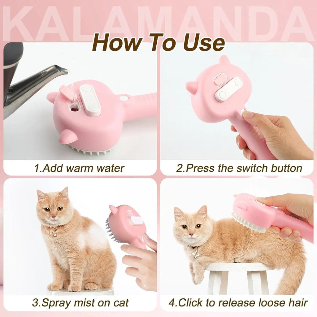 Blue cat steam brush with ergonomic handle and soft rubber bristles for pet grooming