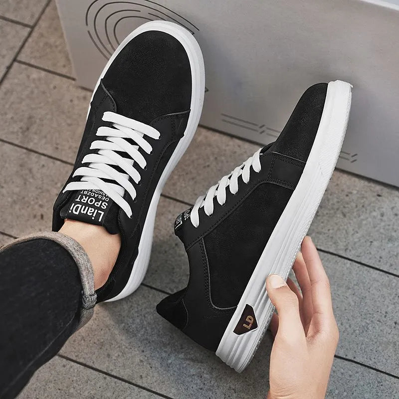 Men's black PU leather casual sneakers with snake pattern detailing and round toe design