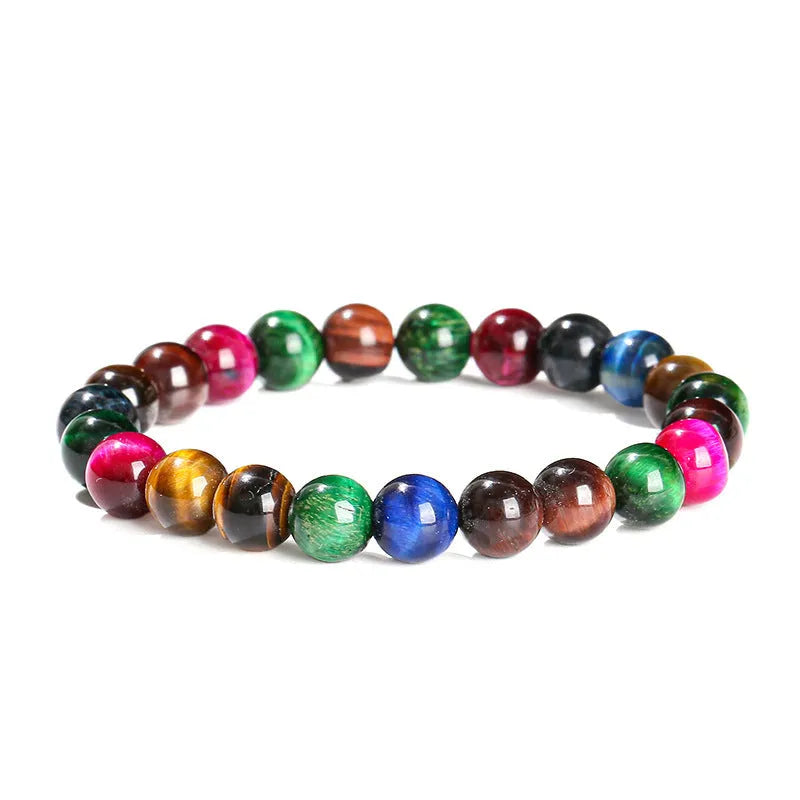 Colourful tiger-eye stone bracelet with geometric and round beads in multiple sizes