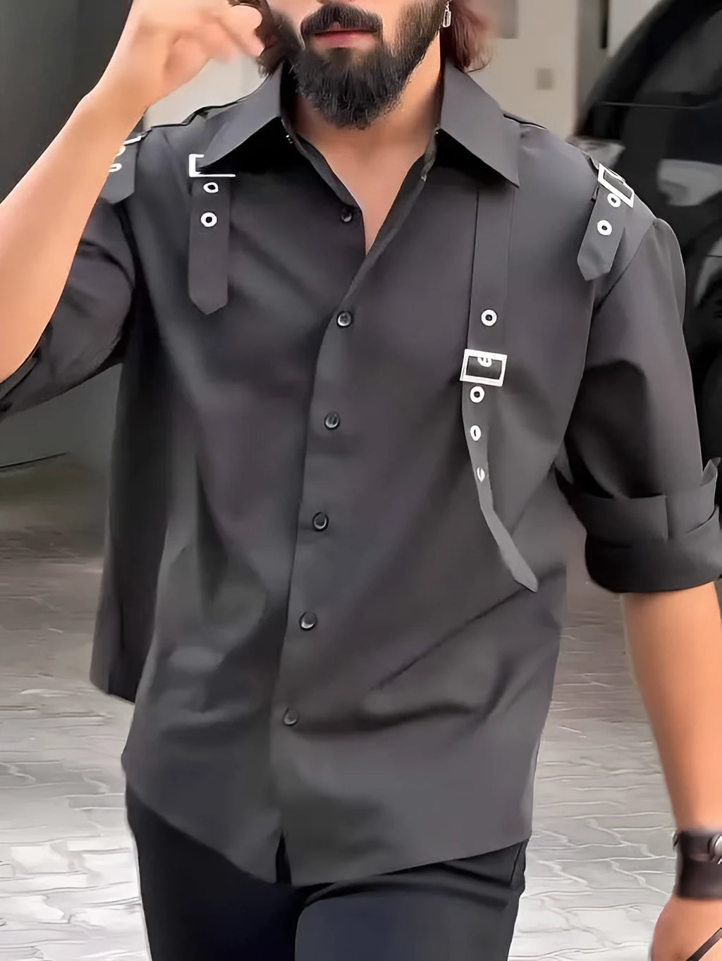 Black utility-style men's button-up shirt with regular fit and polyester material