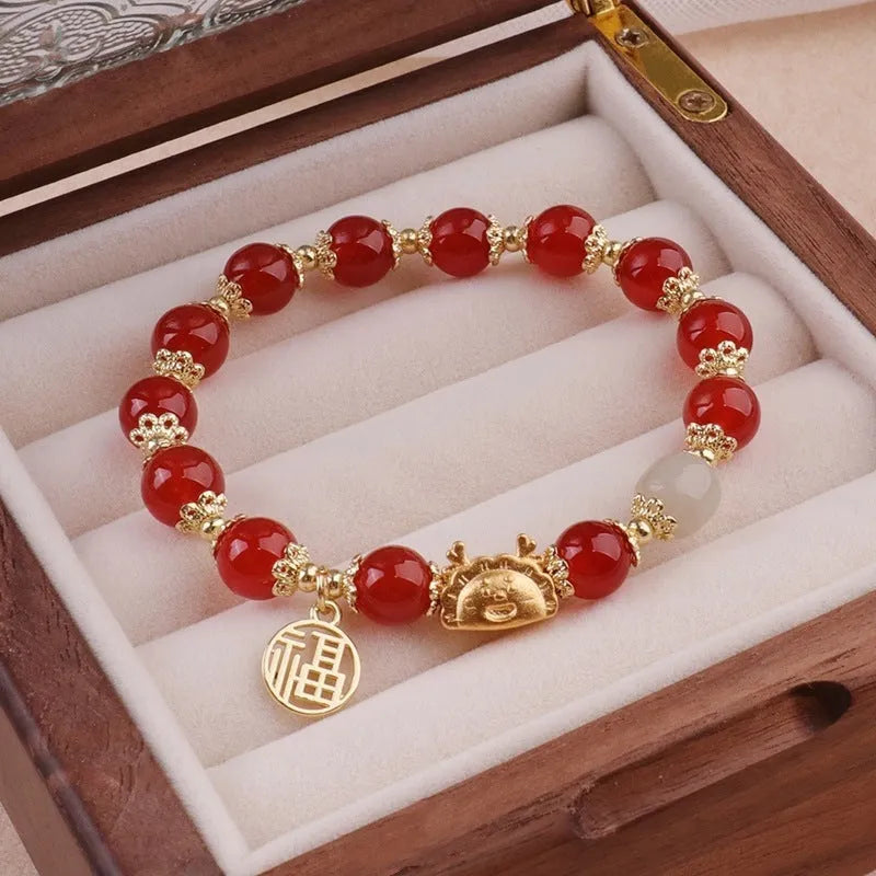 Floral ice crack glazed bracelet for women with coloured glass beads and zodiac animal charms.