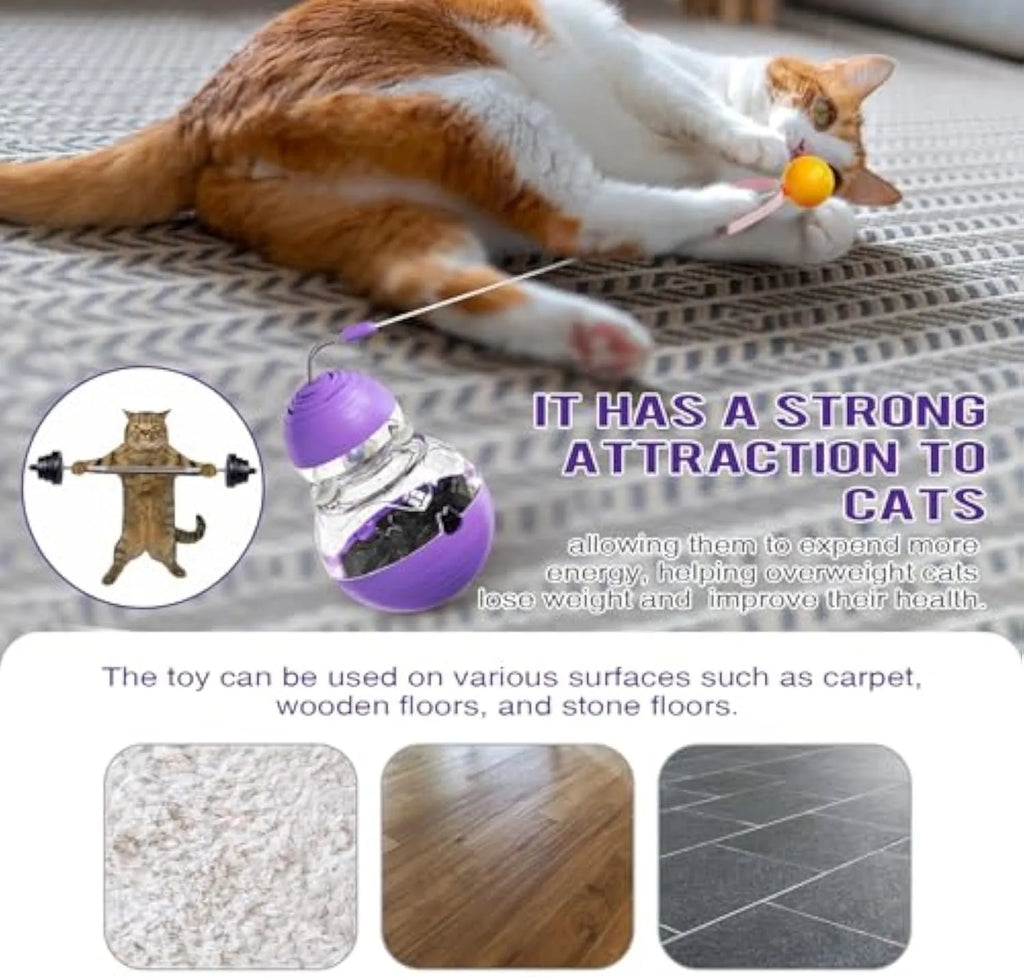 Interactive cat toy with yellow ball teaser and slow food dispenser in rocking base