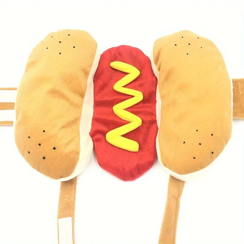 Brown and beige hot dog costume suit on a small dog for winter and parties.