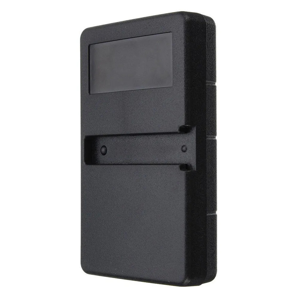 Black three-button garage door remote control with 390MHz rolling code, shown front view.