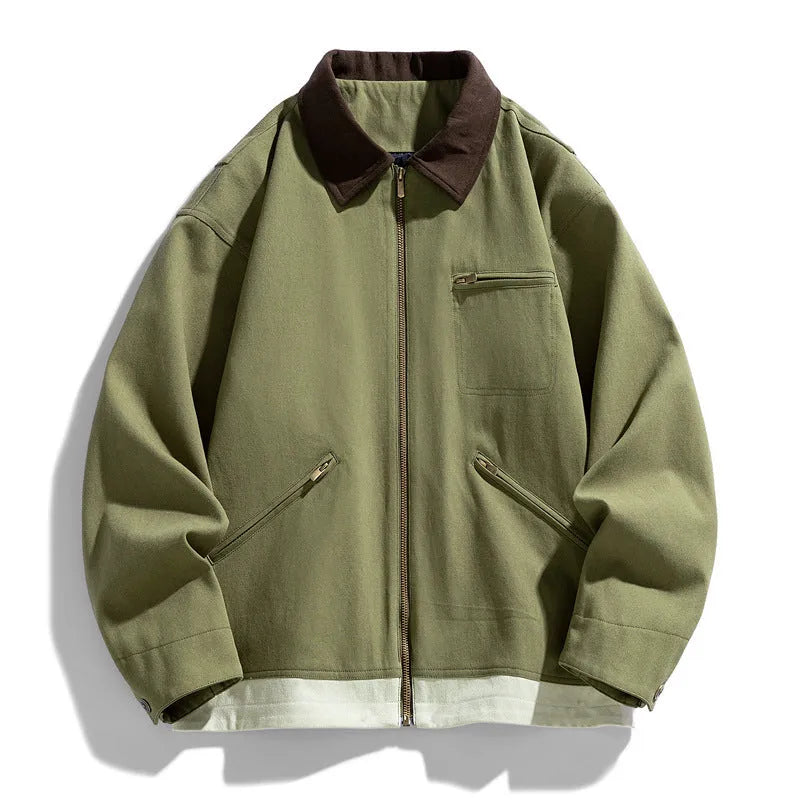Men's Korean style retro workwear jacket with contrast lapels and side pockets