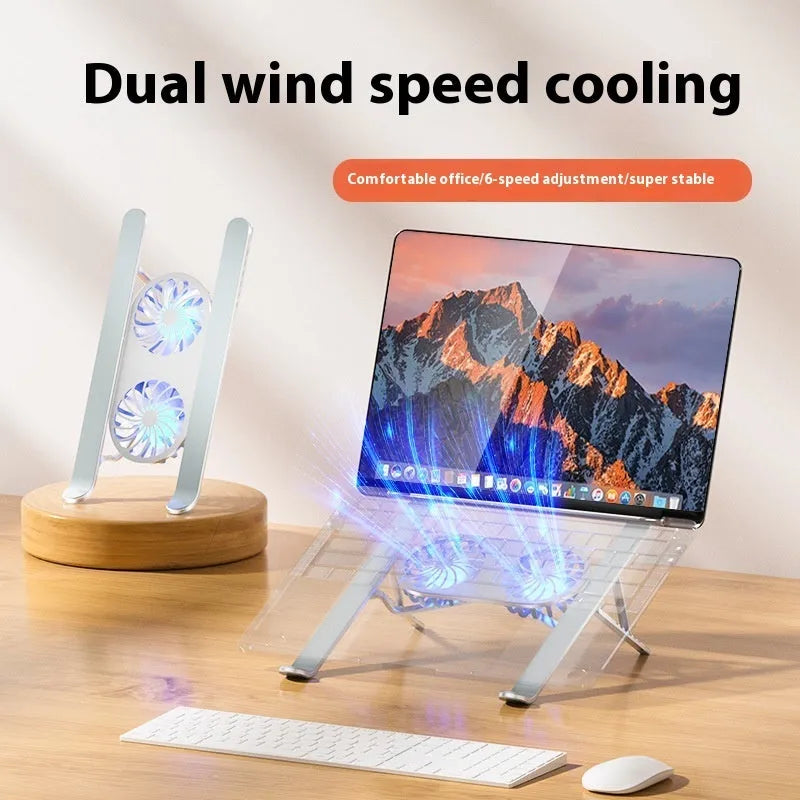 Silver aluminium laptop stand with twin cooling fans in folded and open positions