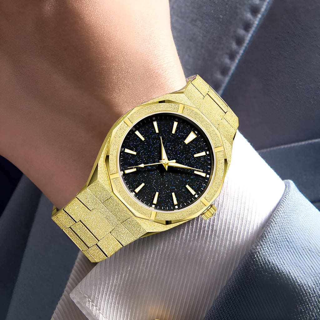 Men's frosted stainless steel business watch with luminous markers on dial in silver colour.