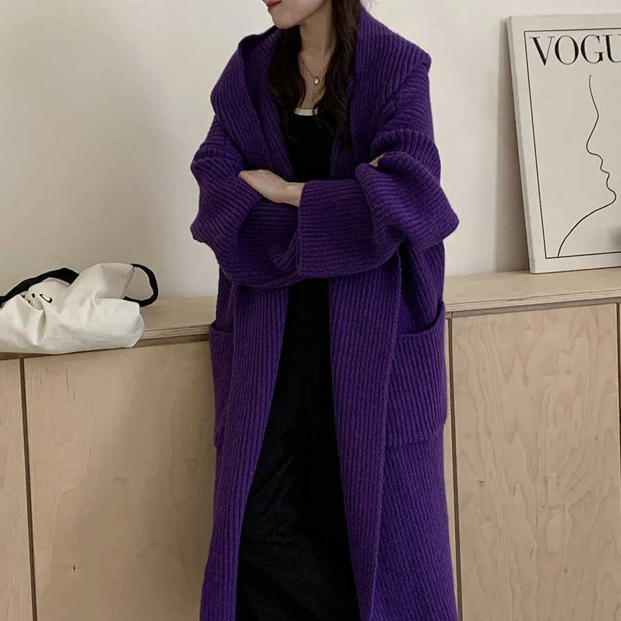 Women's loose hooded cardigan coat in extended 80cm length with raglan sleeves
