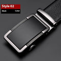Men's gun black leather belt with a silver automatic Comfort Click buckle, shown adjusted to a mid-length.