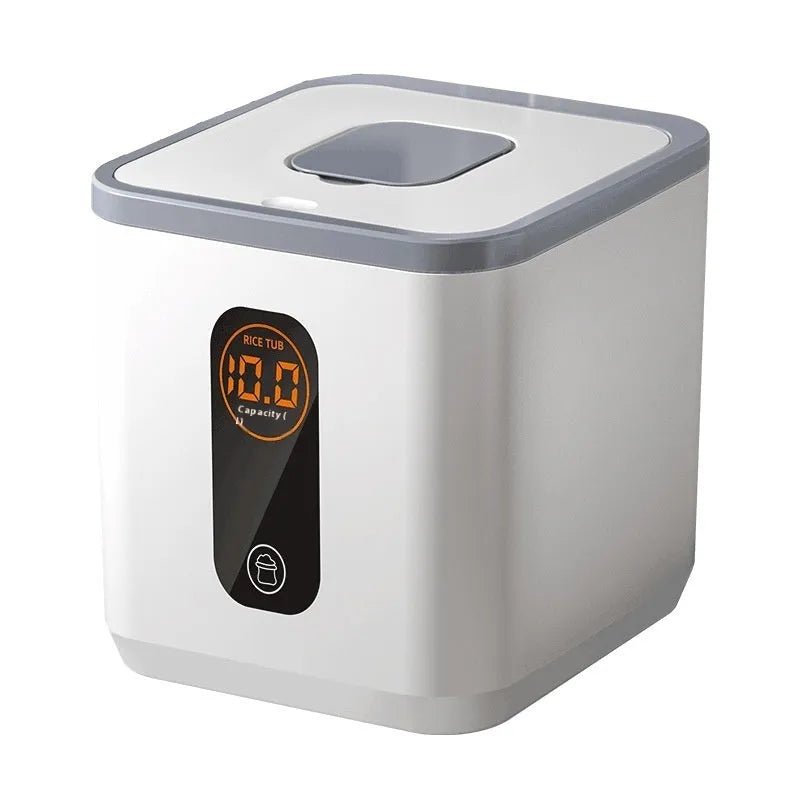 Grey plastic rice storage jar with airtight lid and measuring cup in insect-proof moisture-proof design