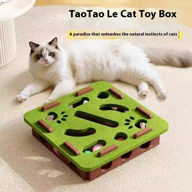 Square felt cat toy with central hole in green brown, camel white, or grey colour