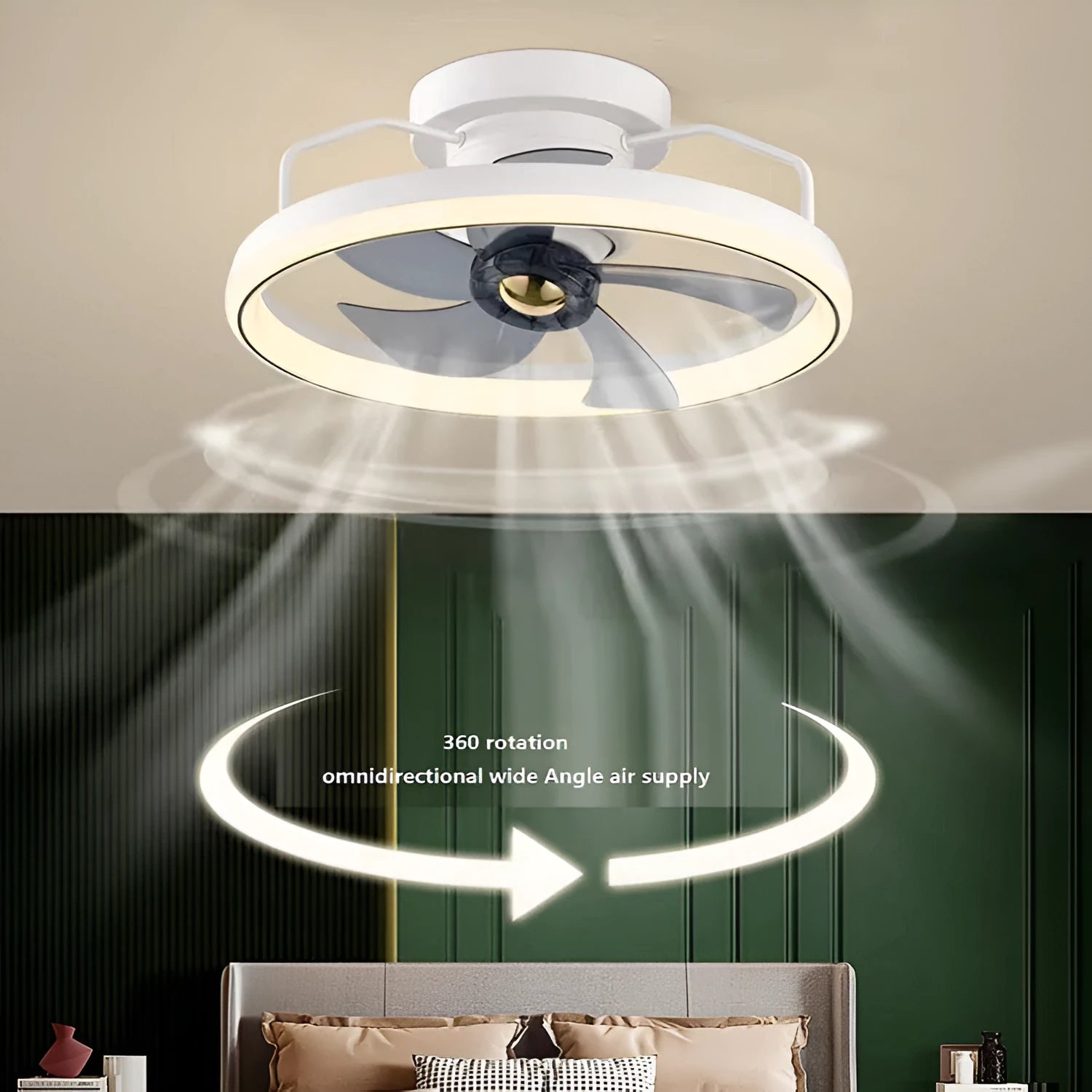Modern ceiling fan with integrated light showing 500mm diameter PC blades and acrylic lampshade in neutral colour