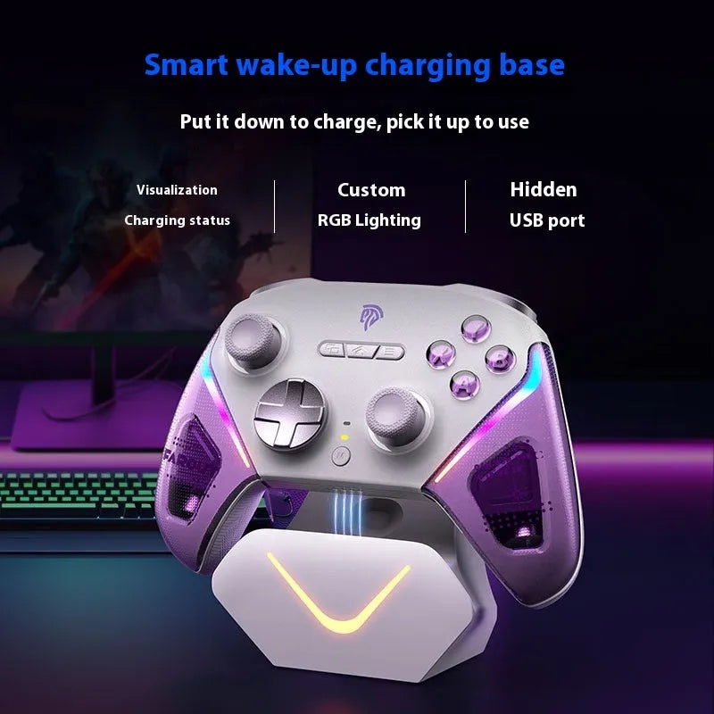 PS4 smart charging base with auto start-stop function and included controller showing double-cut triggers