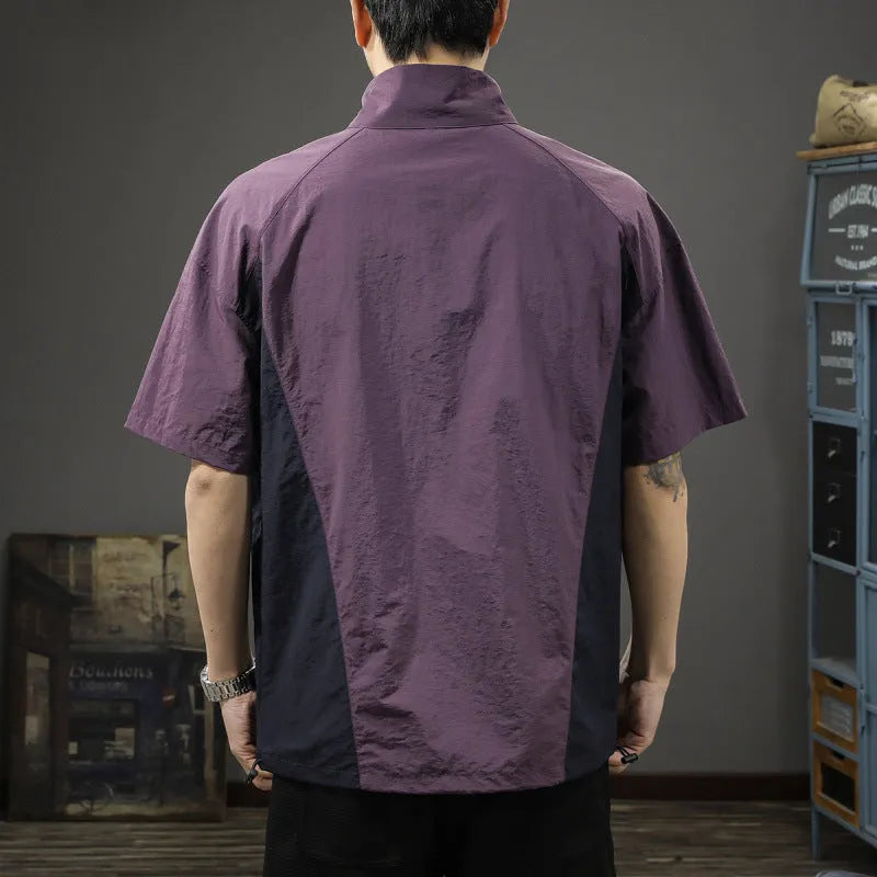 Men's brown half-zipped stand collar business shirt with short sleeves on hanger