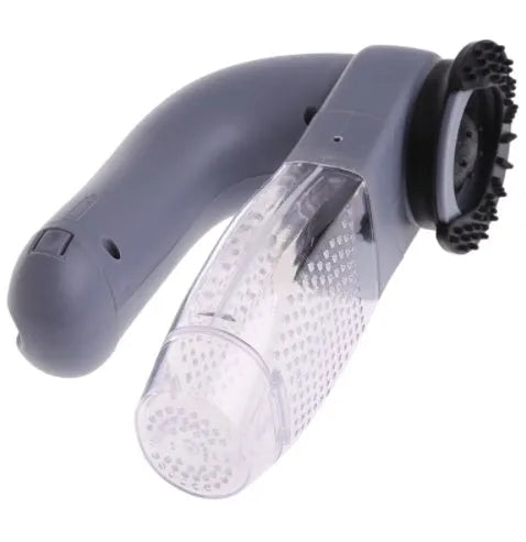 Grey handheld electric pet hair remover and massaging brush with soft rubber head.