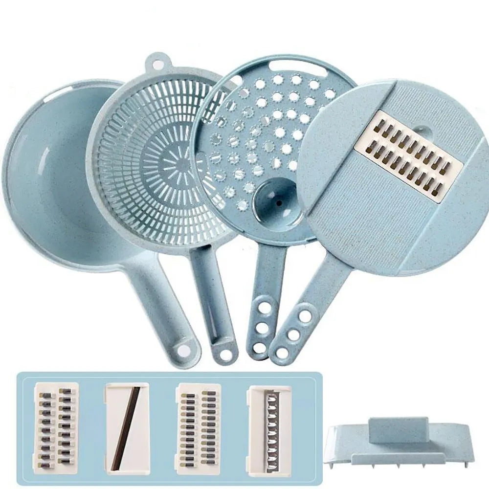 8-in-1 mandoline slicer with stainless steel blades, strainer, container, and hand protector in blue or pink.