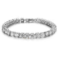 Men's silver geometric link bracelet with a single row of blue rhinestones in an iced-out tennis chain design.
