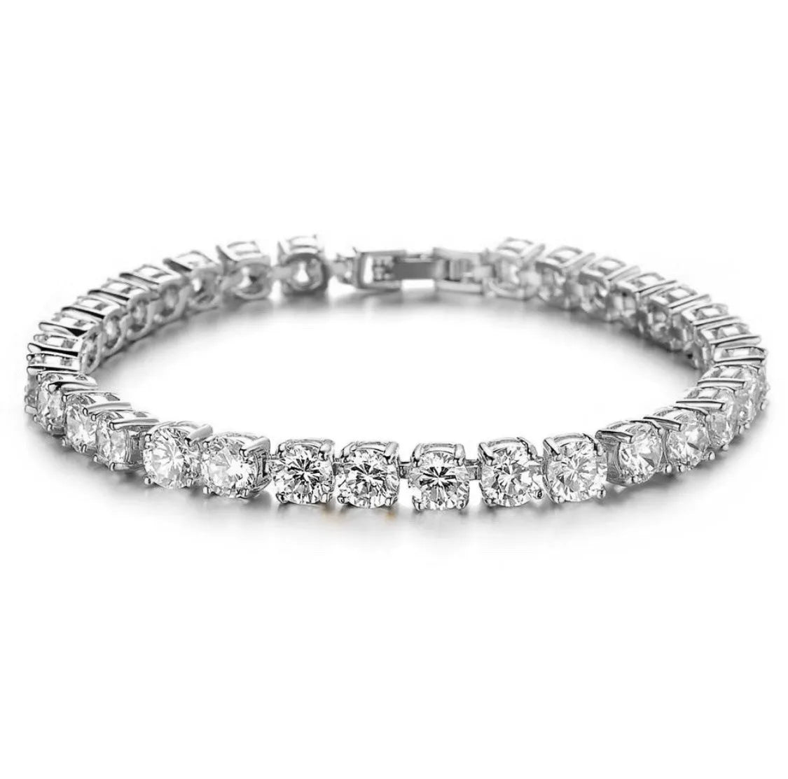 Men's silver geometric link bracelet with a single row of blue rhinestones in an iced-out tennis chain design.