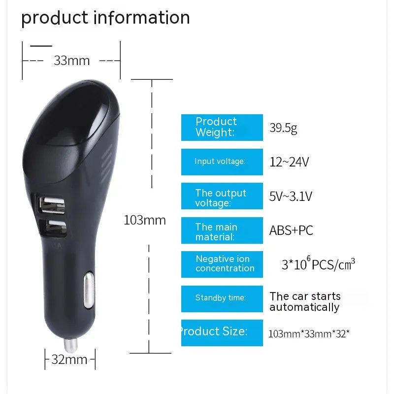 White car USB charger and negative ion air purifier unit for vehicle cigarette lighter socket