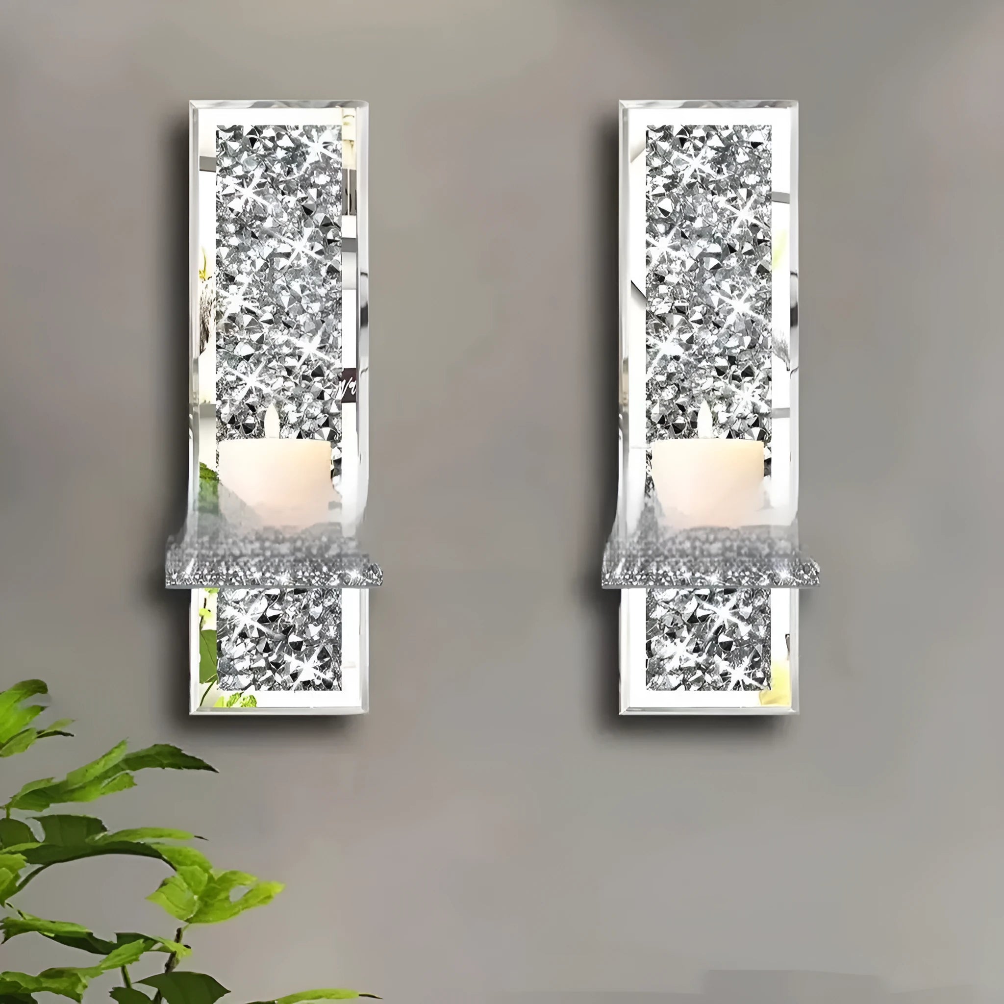 Pair of silver mirror glass candle holders with modern style for wall hanging decoration