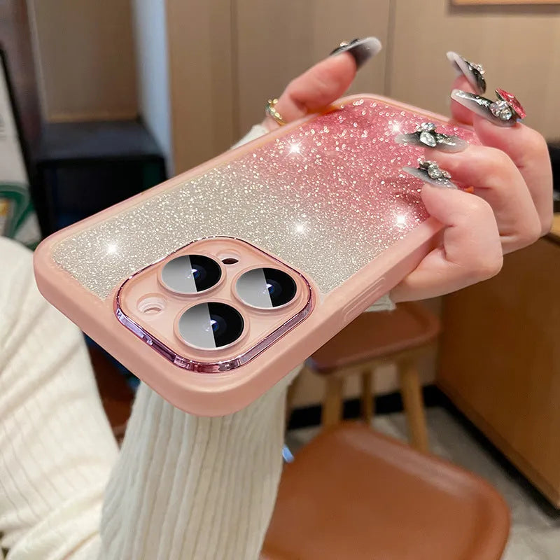 Ultra-thin transparent glitter iPhone case with electroplated finish and shockproof TPU construction