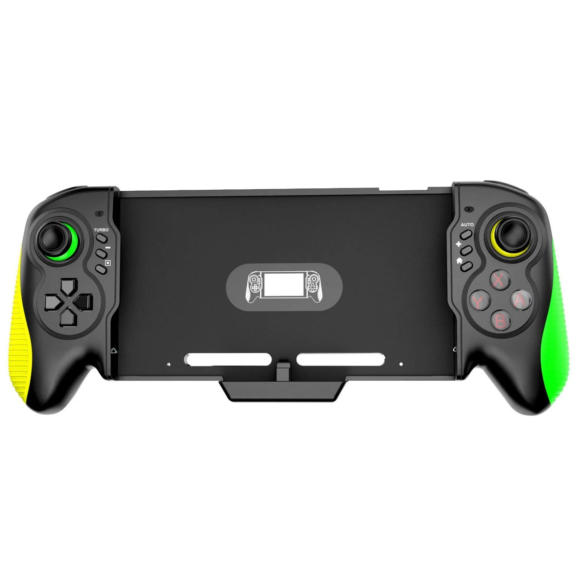 Yellow-green game controller with in-line handles for Nintendo Switch and Windows PC compatibility