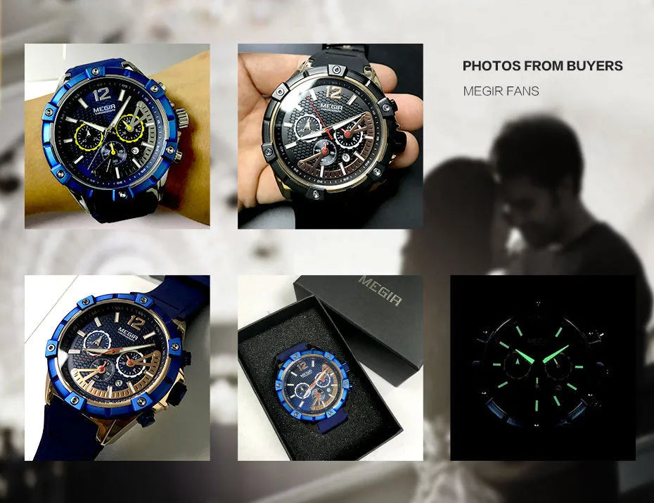 Men's fashion watch with 48mm case, 26mm band, luminous hands, chronograph and date display.