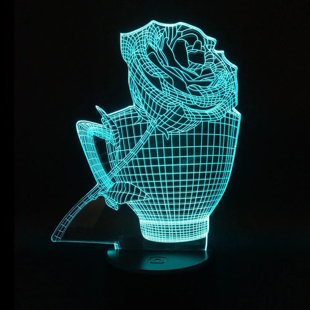 3D rose design night light on a black base showing multicolour gradient illumination.