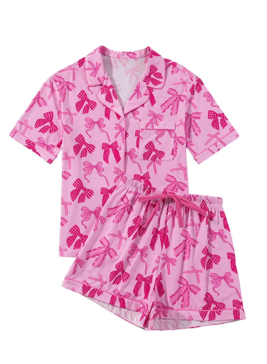 Pink bow print women's two-piece pajama set with matching top and trousers.