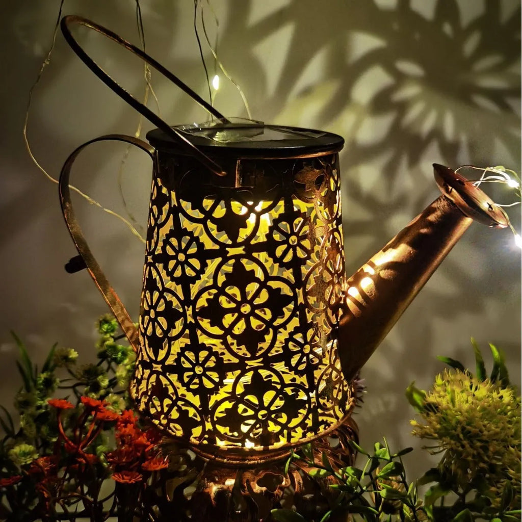 Solar-powered butterfly kettle decorative light with wrought iron construction for outdoor courtyard placement