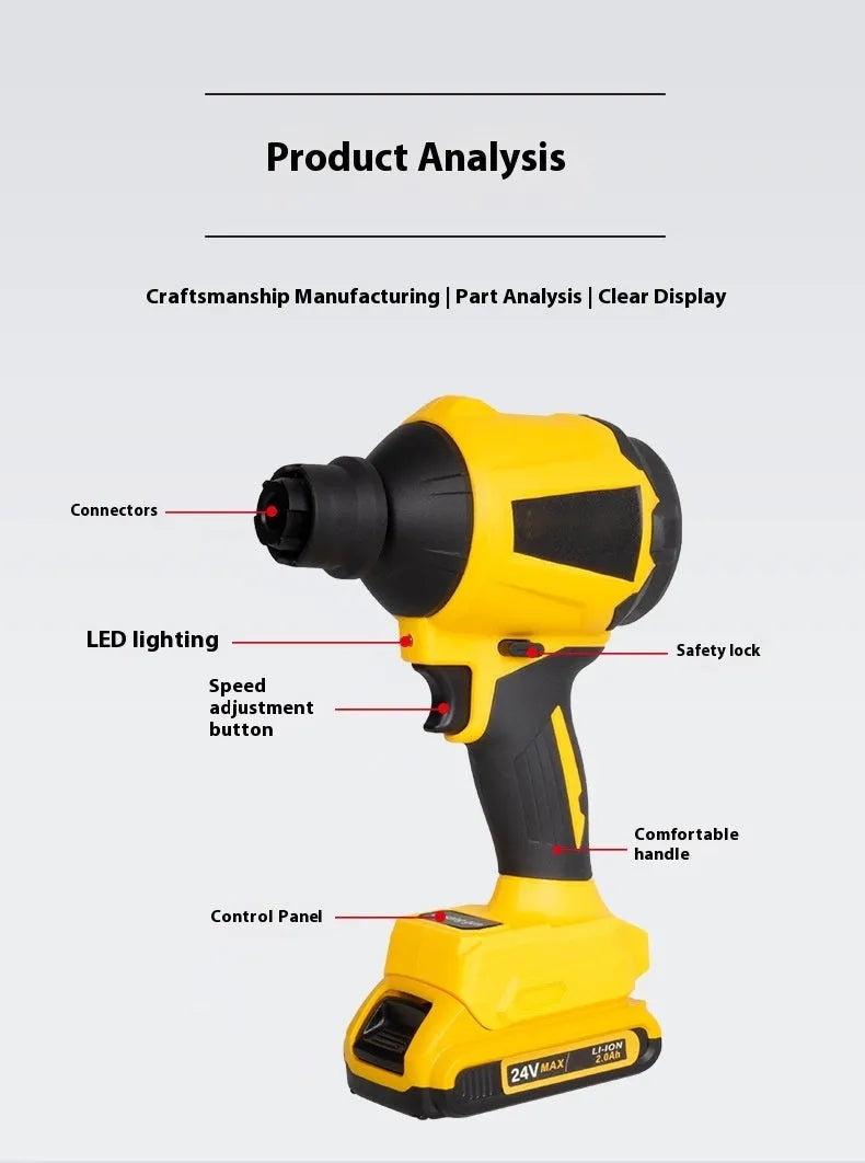 Yellow cordless dust gun with 680W power and lithium battery for office cleaning