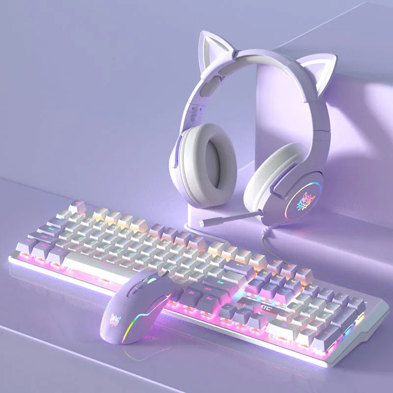 Purple and white mechanical keyboard and mouse set with backlight illumination on desk