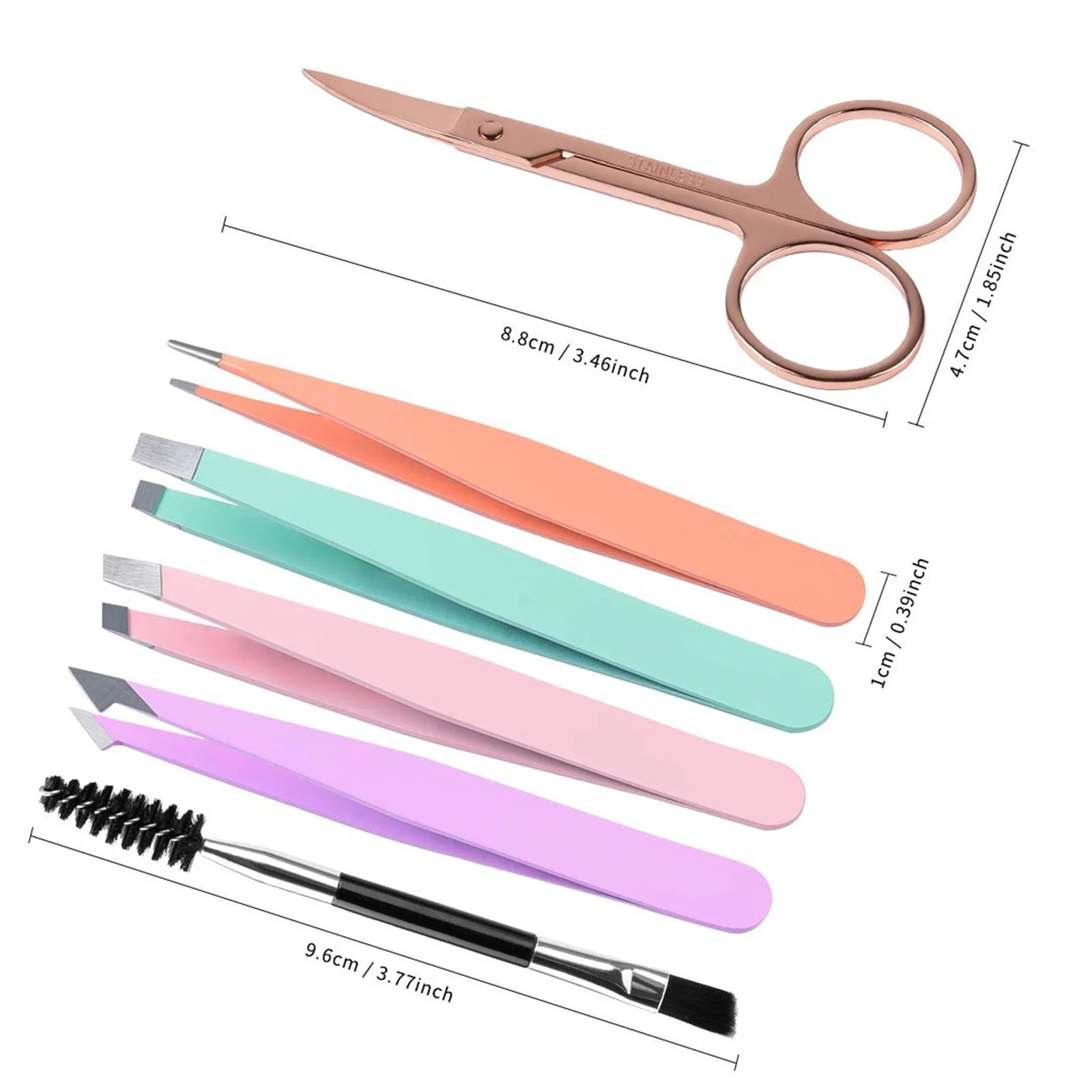Six-piece professional eyebrow tweezers set with stainless steel tools and leather case