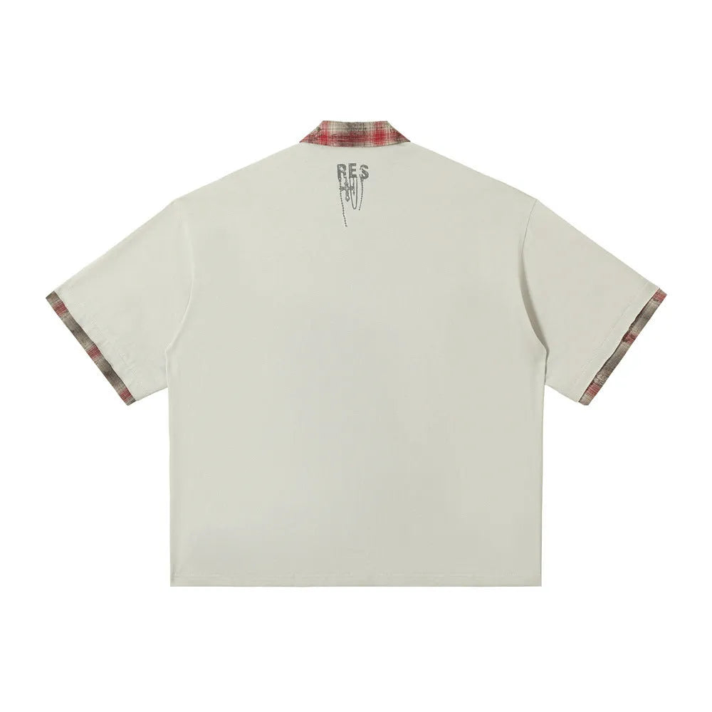 Men's loose fit cotton short sleeve top with asymmetric lapel graffiti printing in blue or red