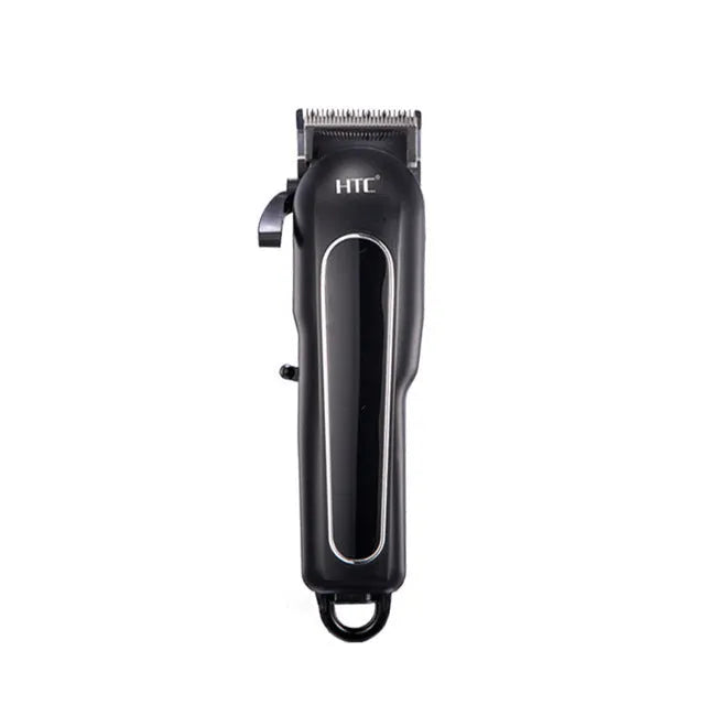 Professional black rechargeable hair clipper with four plastic limiting combs and accessories on a white background.