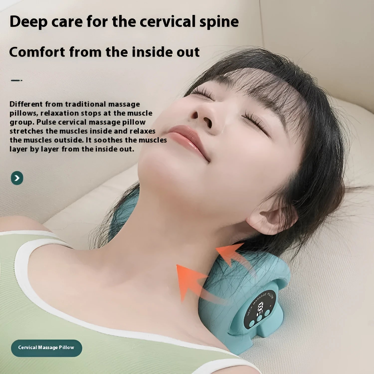 Blue-green cervical spine massage pillow showing portable 17cm design with EMS pulse massage and heat therapy functions