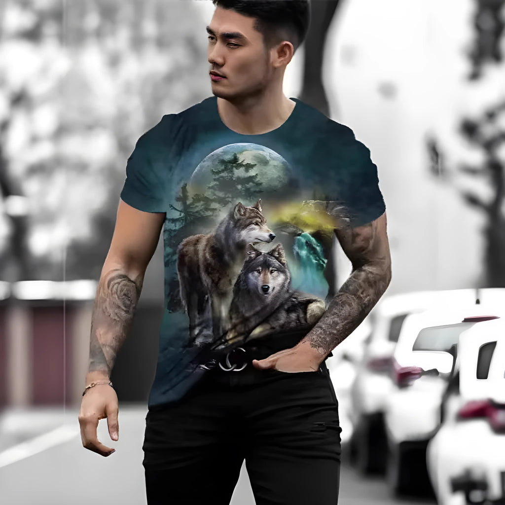 Retro 3D animal print design on a men's short-sleeved polyester t-shirt, shown in multiple colour options.