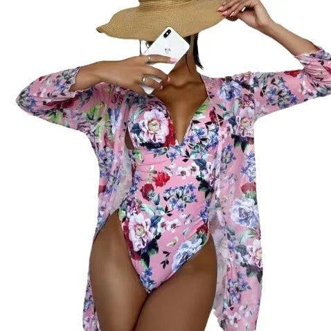 Women's floral print bikini three-piece swimsuit with a matching coat, shown in one of seven available colours.