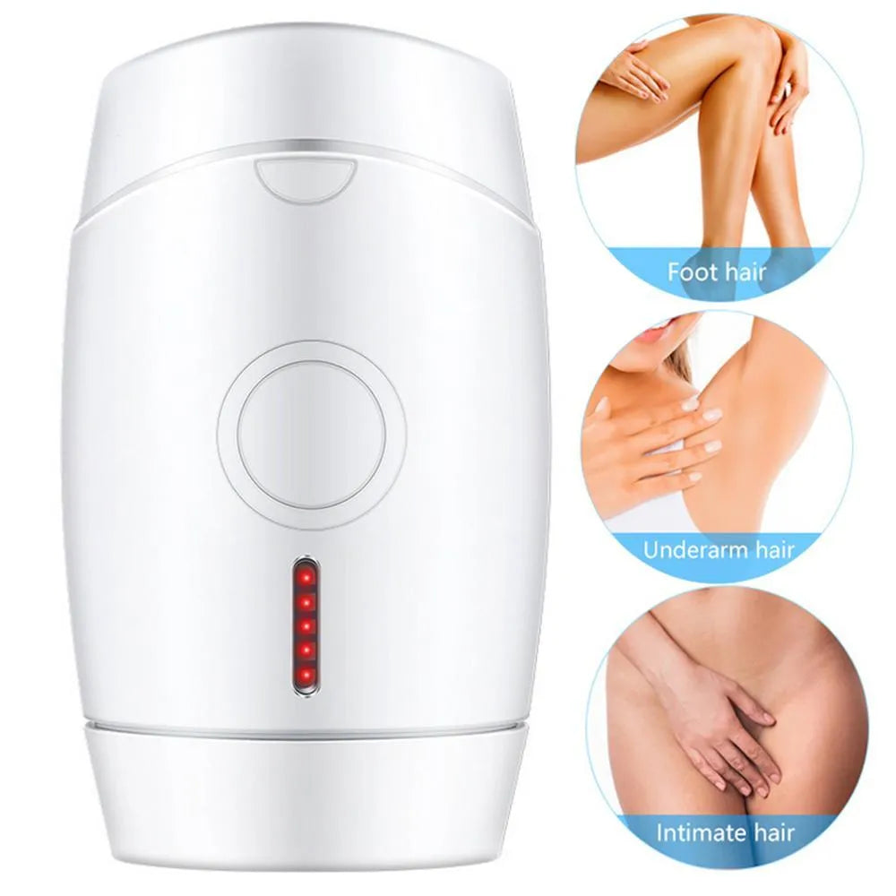White home laser hair removal instrument with display screen and adapter plugs for UK, EU, US, and AU sockets.