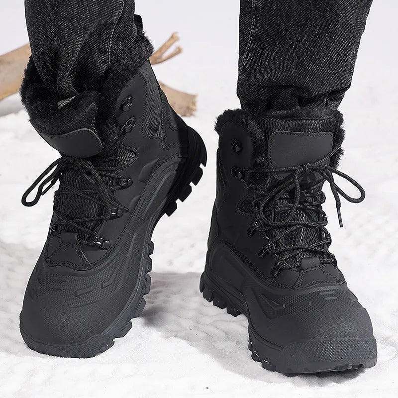 Men's black fleece-lined high-top boots with lace-up front and flat heel