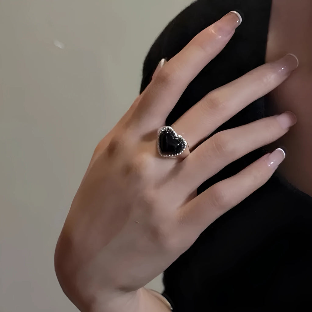 S925 sterling silver heart ring with black agate and adjustable opening