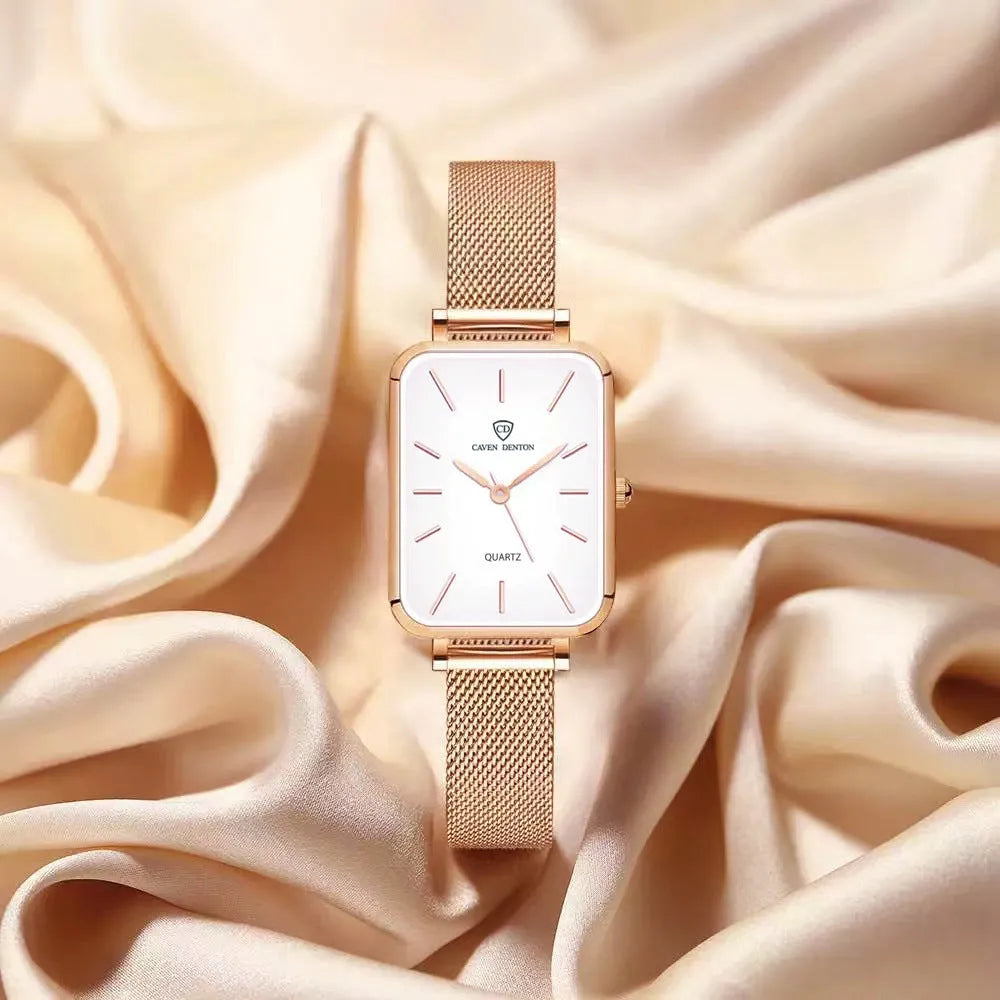 Women's waterproof quartz watch with woven steel band and alloy case in rose gold or silver